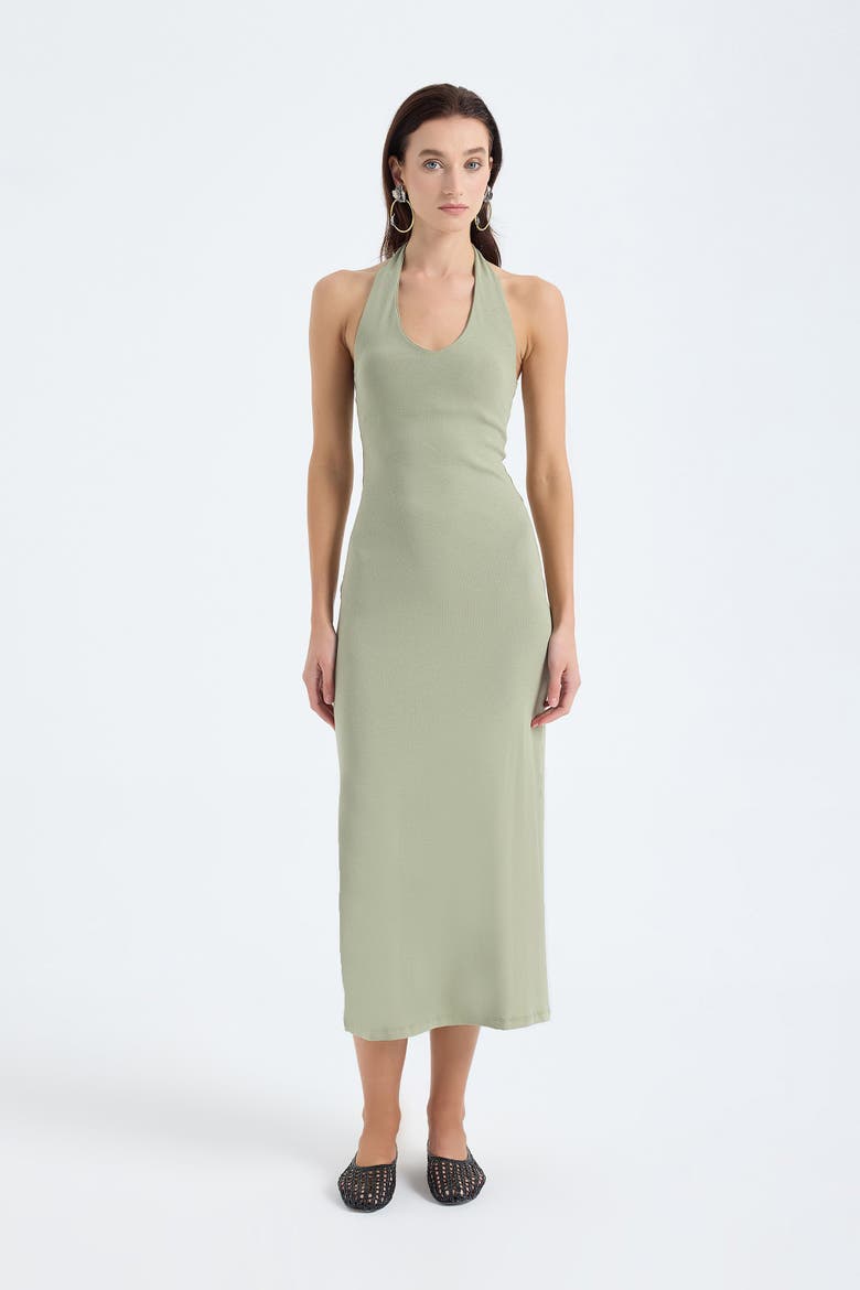 Orion Halter Neck Cotton Bodycon Midi Dress, Alternate, color, Dusty Olive