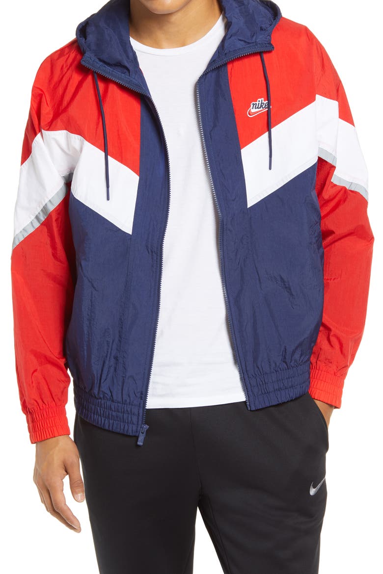 Windrunner+ Water Repellent Jacket, Main, color, MIDNIGHT NAVY/ RED/ WHITE