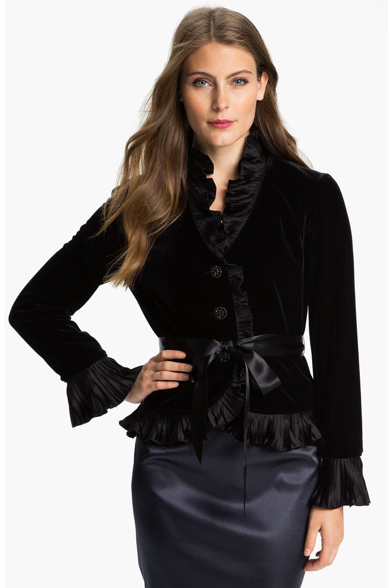 Ruffle Trim Velvet Jacket, Main, color, BLACK