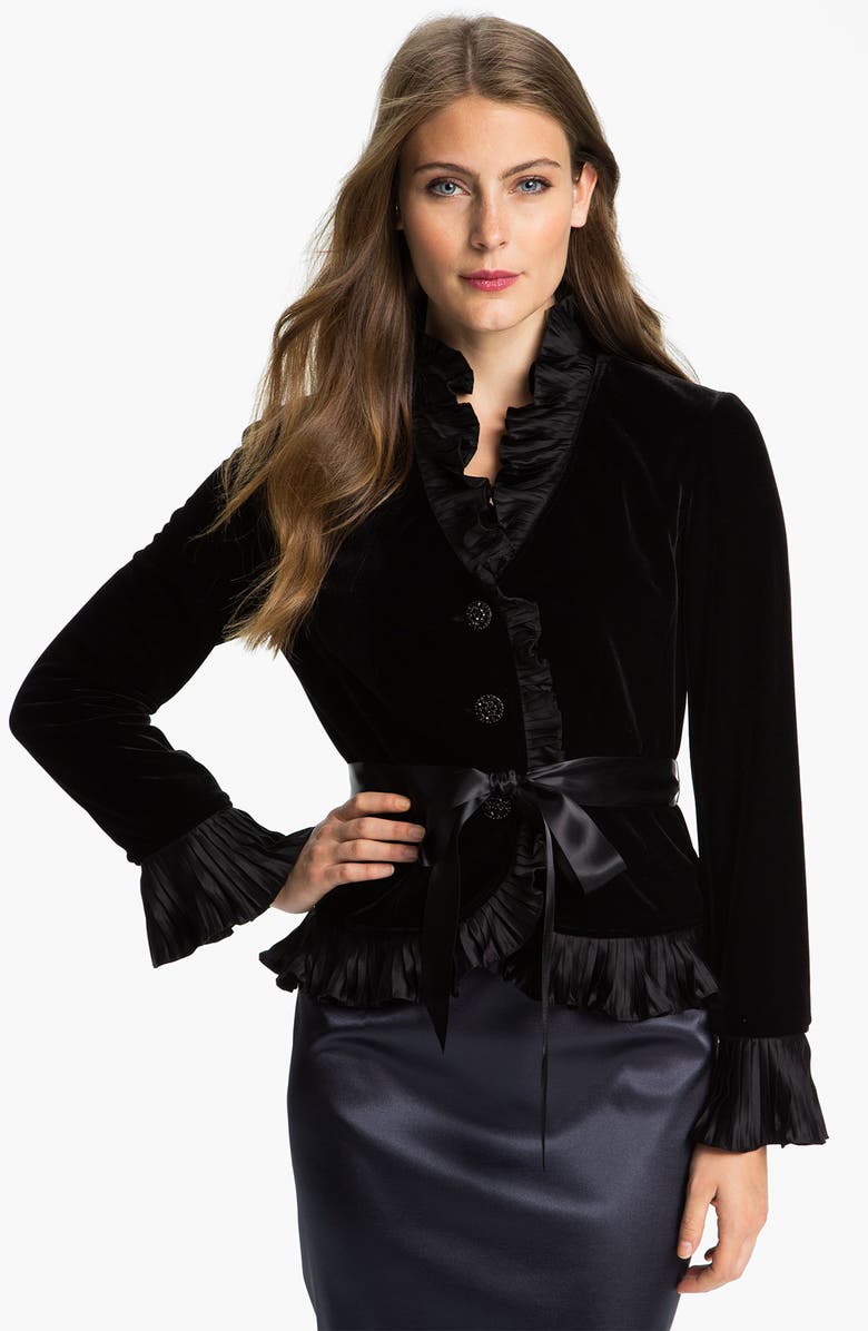 Adrianna Papell Ruffle Trim Velvet Jacket, Main, color, 