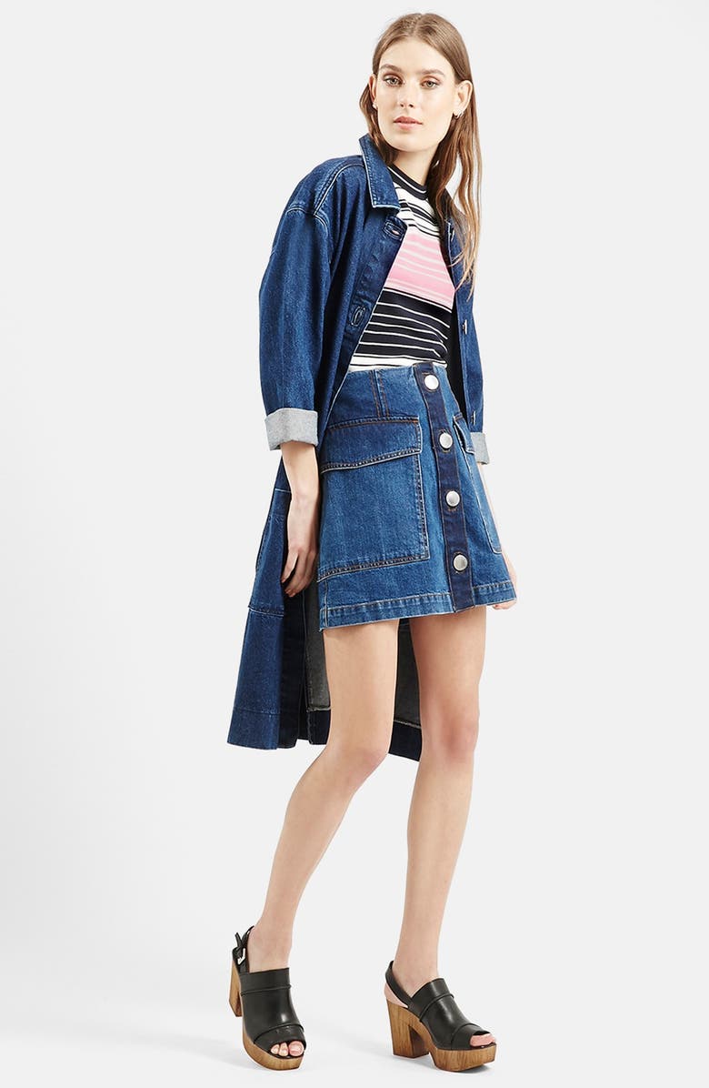 Topshop Belted Denim Jacket, Alternate, color, 