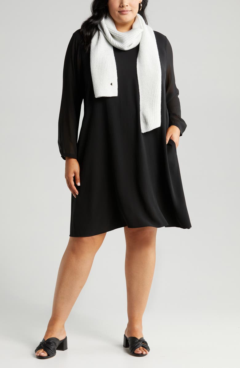 Eileen Fisher Sheer Long Sleeve Silk Georgette Dress, Main, color, 