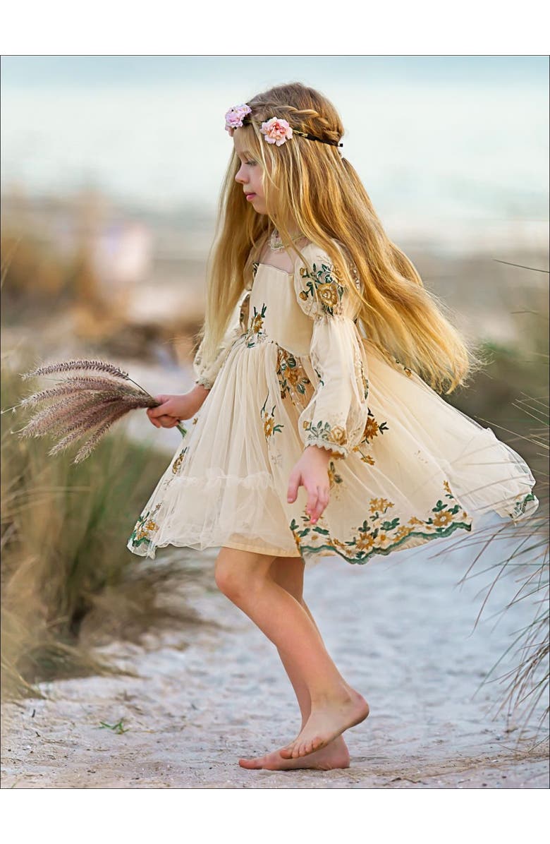 Mia Belle Girls Flower Embroidered Lace Dress, Alternate, color, Yellow