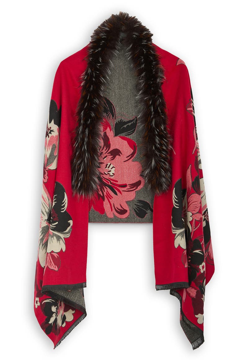 Floral Faux Fur Trim Scarf, Alternate, color, RED