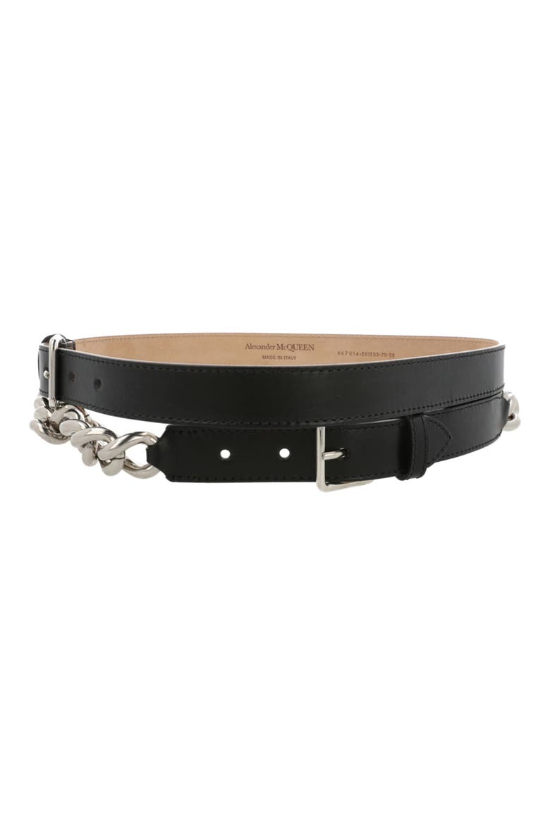 Chain Trim Leather Belt, Main, color, BLACK