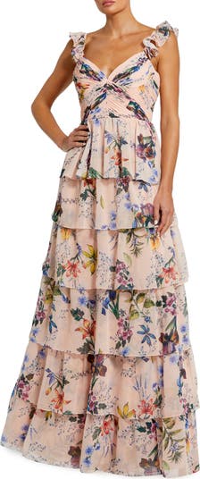 Ruffle Sleeveless Chiffon Tiered Floral Print Gown