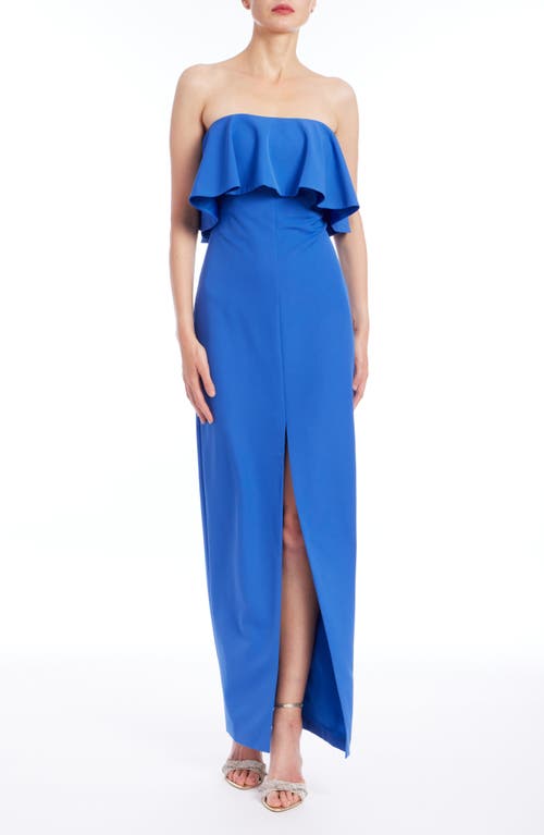 Jewel Badgley Mischka Ruffle Bodice Strapless Column Gown In Vista Blue