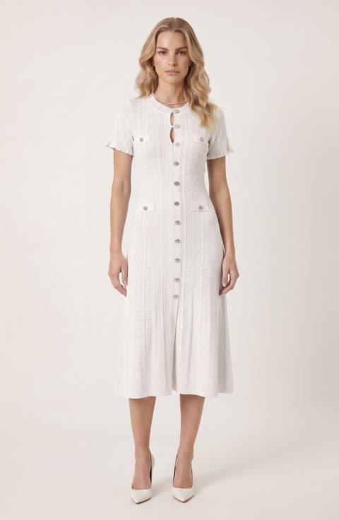 Button Front Knit Short Sleeve Midi Dress