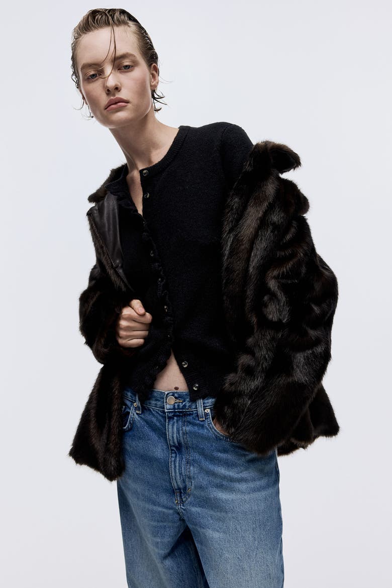 Frill-trimmed Cardigan, Alternate, color, Black