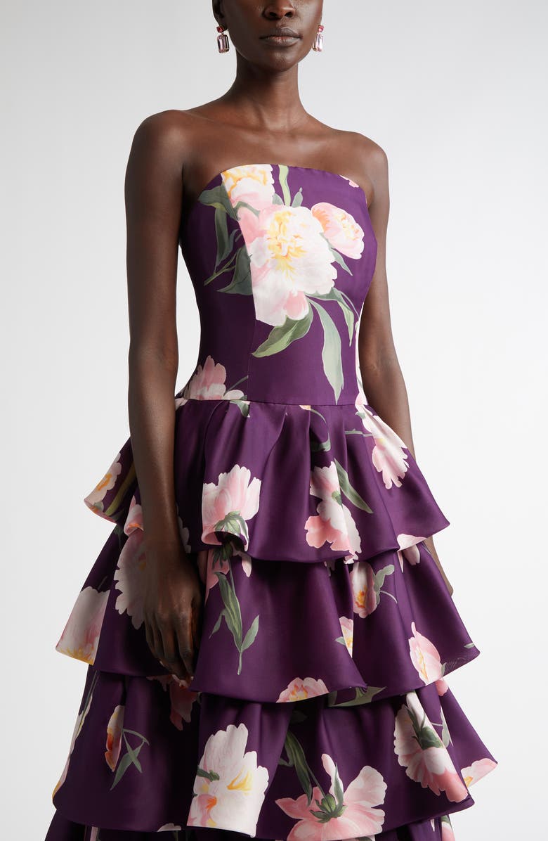 Carolina Herrera Floral Print Strapless Ruffle Midi Dress, Alternate, color,