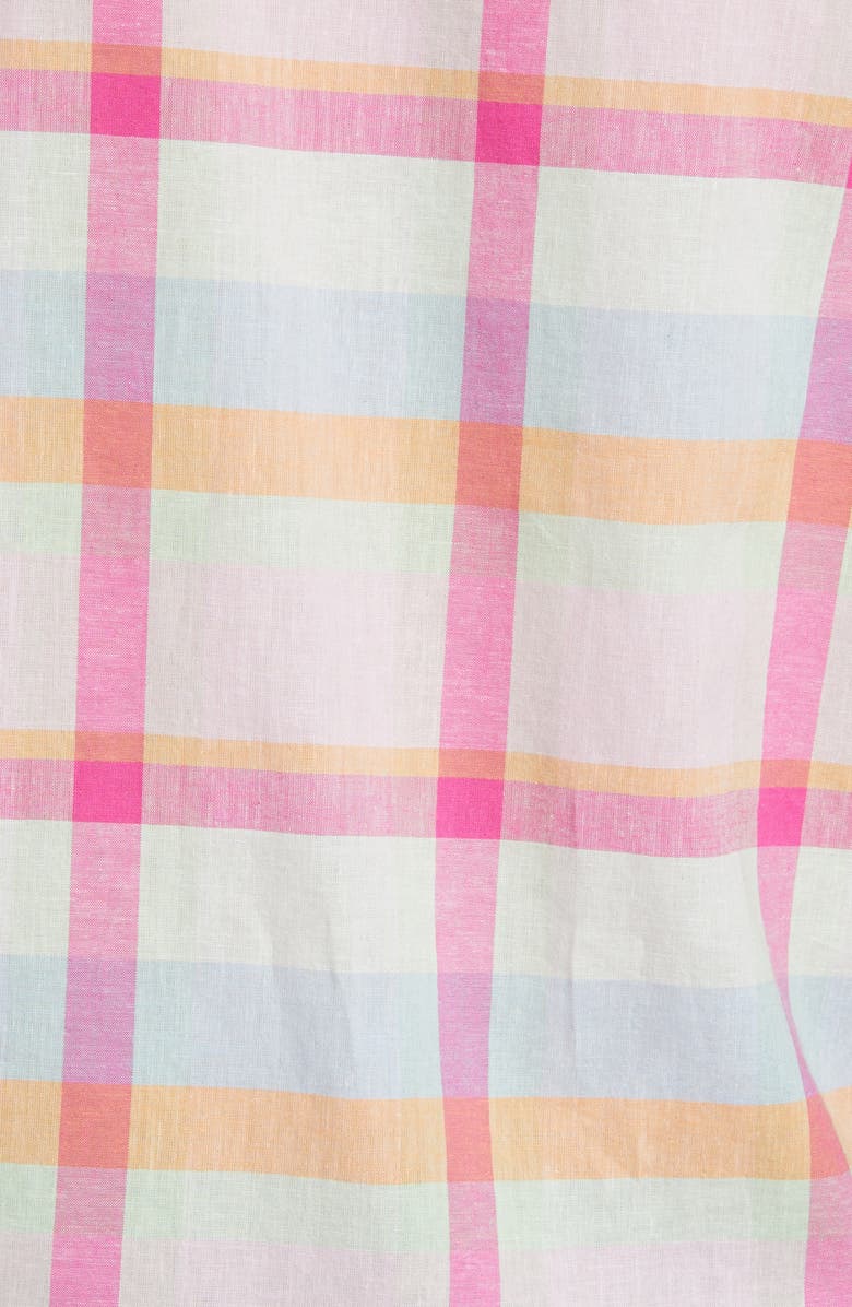 Nordstrom Matching Family Moments Plaid Trim Fit Short Sleeve Cotton & Linen Button-Down Shirt, Alternate, color, Blue- Pink Multi Madras