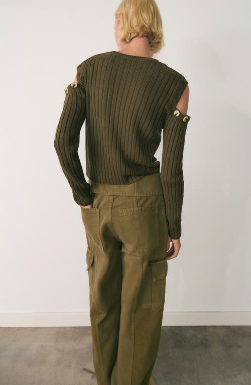 Shop Mango Convertible Cold Shoulder Rib Sweater In Khaki Green