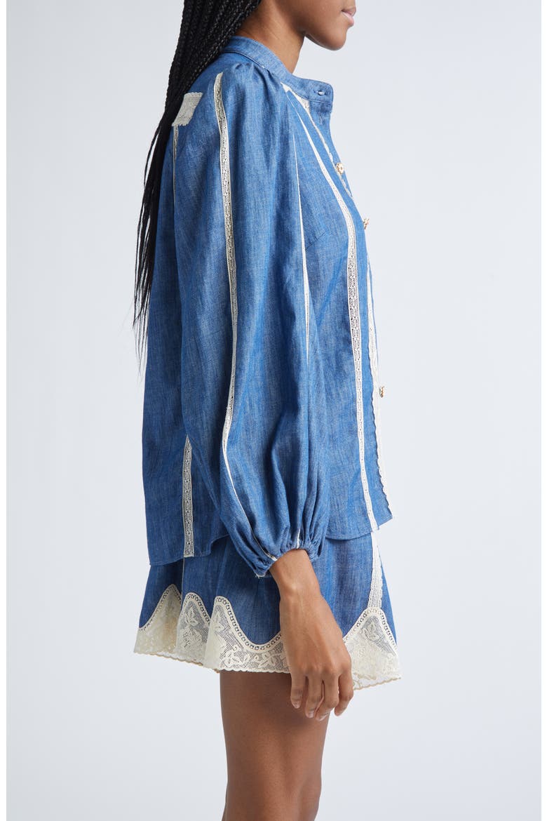 Awaken Lace Trim Denim Shirt, Alternate, color, RAILWAY BLUE