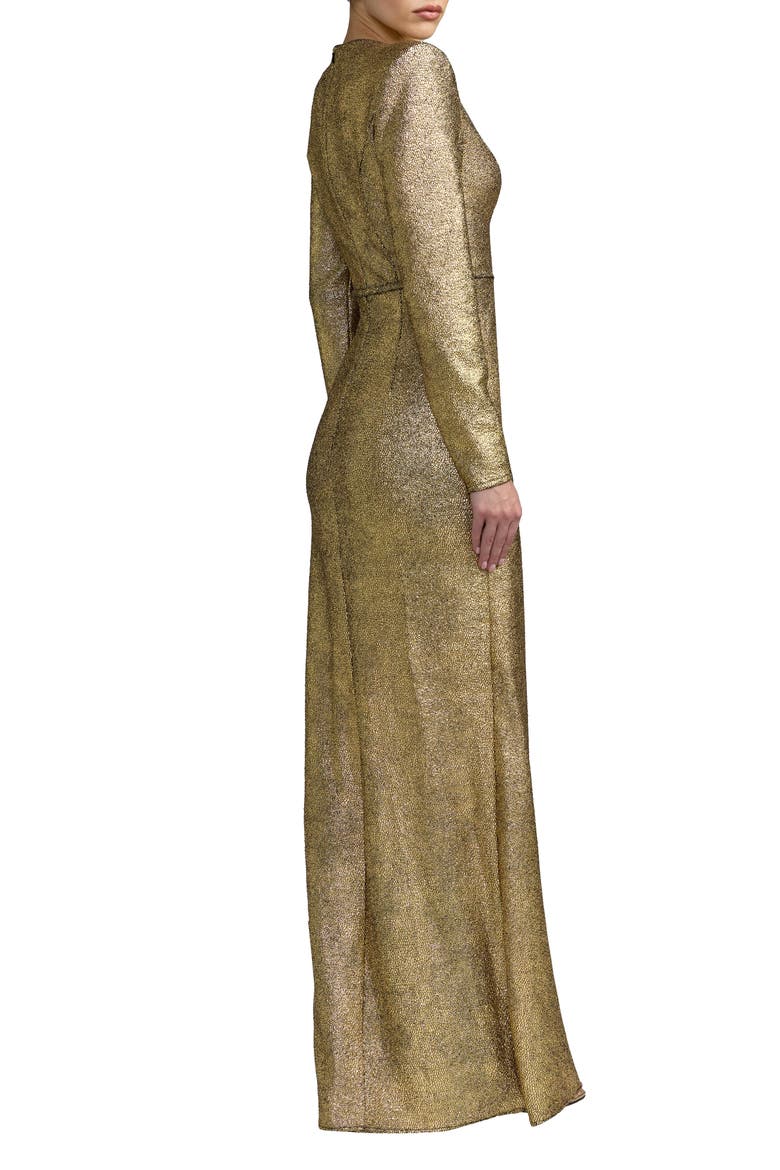 Metallic Long Sleeve Structured Bow Draped Gown, Alternate, color, Gold