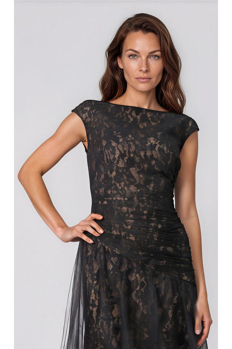 Bateau Neck Lace Tulle A-Line Gown, Alternate, color, Black