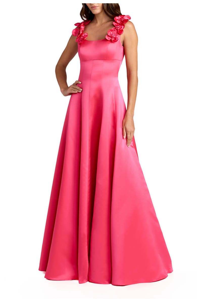 Mac Duggal Satin Sleeveless Ballgown With 3D Flower Detail, Main, color, Hot Pink