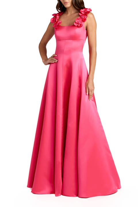 Satin Sleeveless Ballgown With 3D Flower Detail
