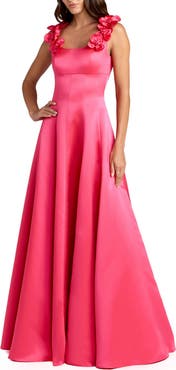Mac Duggal Satin Sleeveless Ballgown With 3D Flower Detail