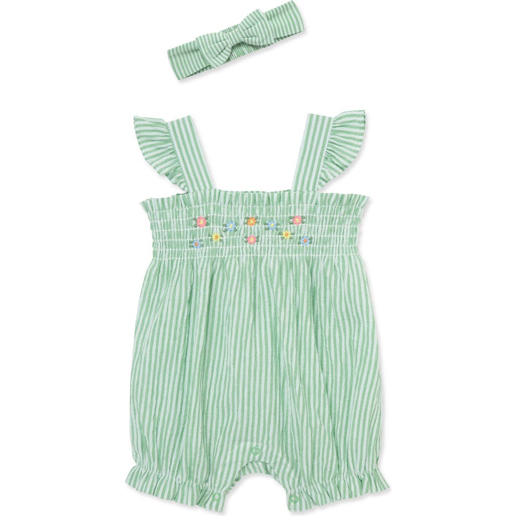 Shop Little Me Stripe Floral Embroidered Cotton Bubble Romper & Headband Set In Green