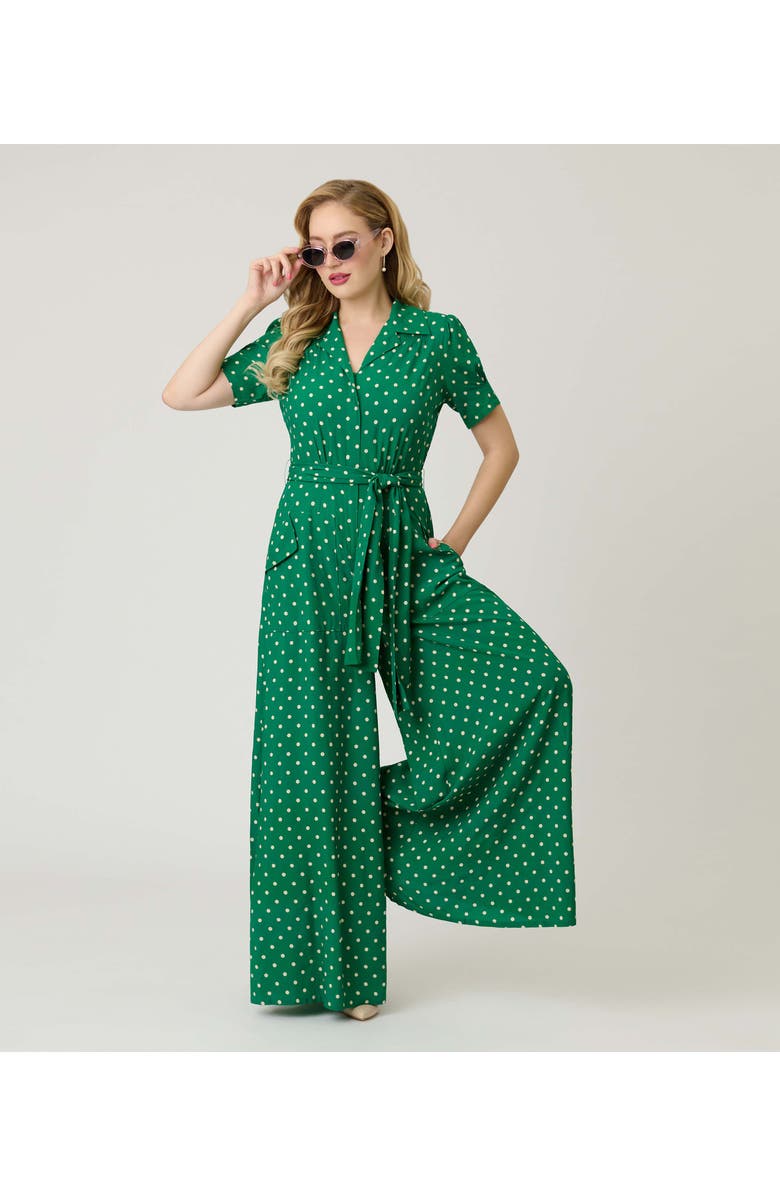 Unique Vintage 1940s Flare Leg Jumpsuit, Main, color, Green & White Dot