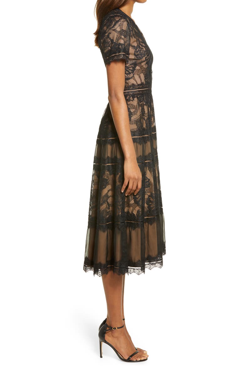Lace & Mesh Midi Cocktail Dress, Alternate, color, BLACK/ NUDE