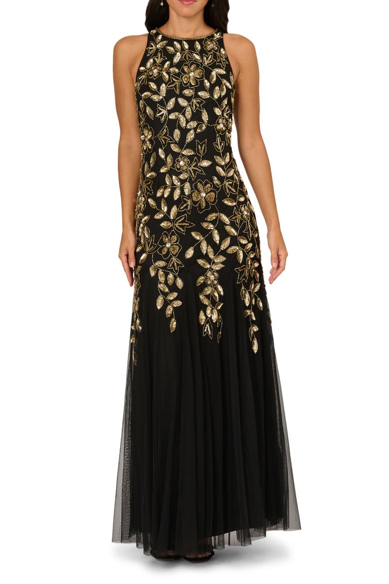 Embellished Mesh Gown, Main, color, BLACK/ GOLD