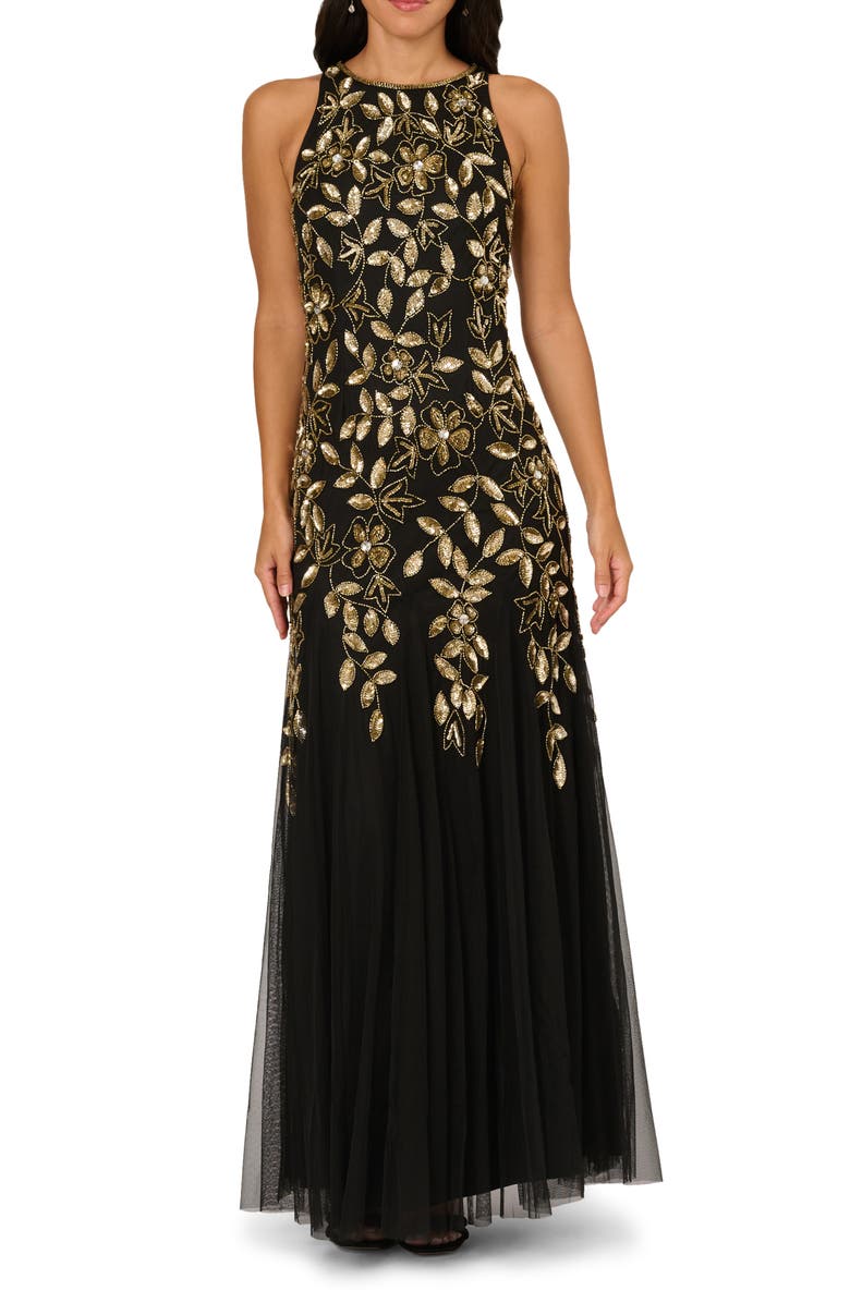 Adrianna Papell Embellished Mesh Gown, Main, color, Black/ Gold