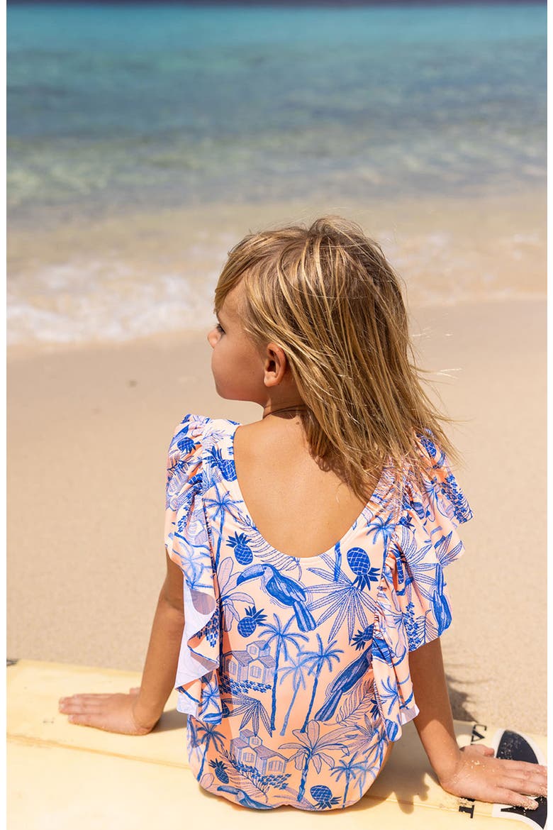 Kids' Tropicana Vacay Ruffle One-Piece Swimsuit, Alternate, color, ORANGE / BLUE