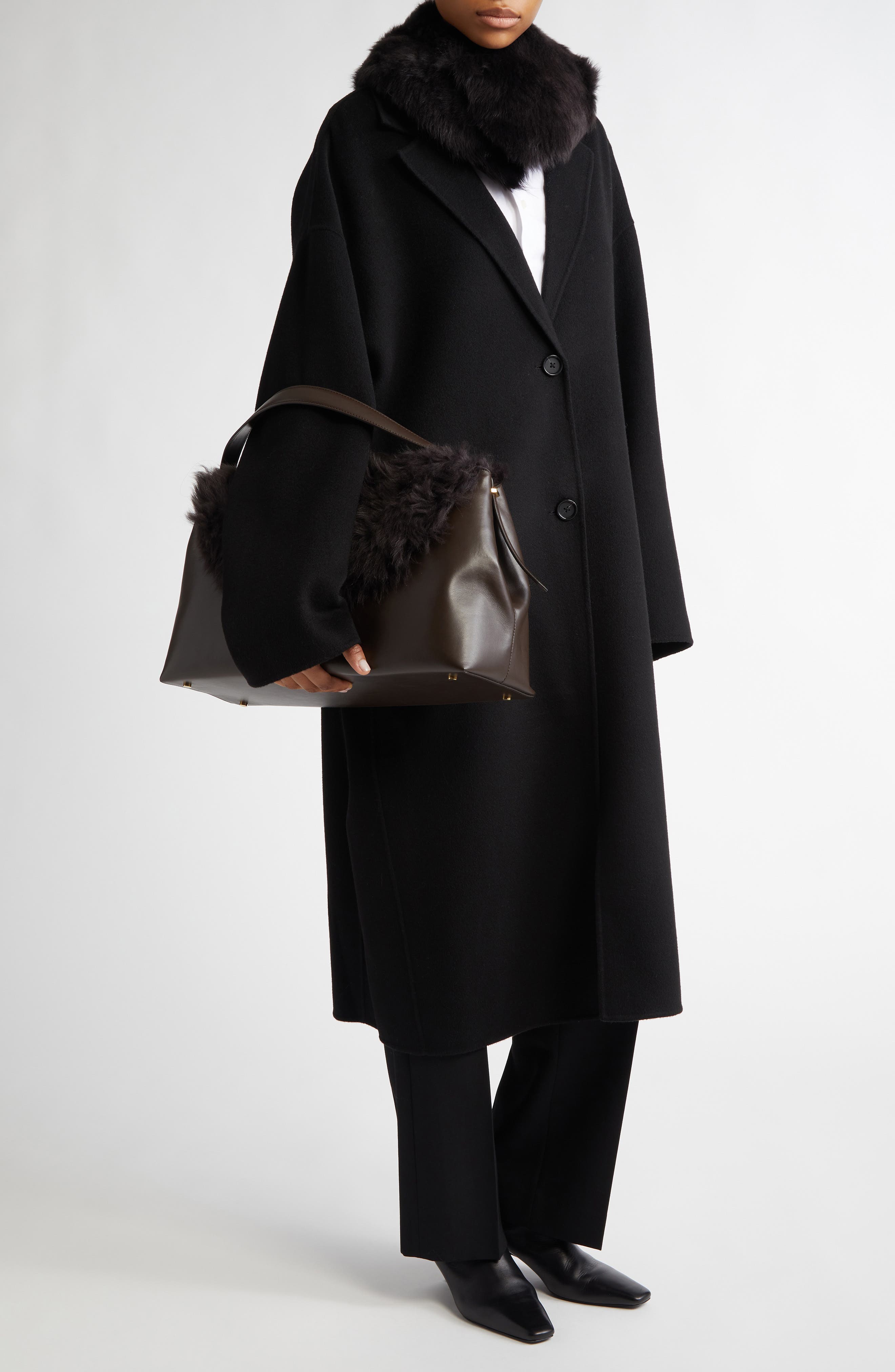 TOTEME T-Lock Leather 
Genuine Shearling Top Handle Bag, Alternate, color, Bark