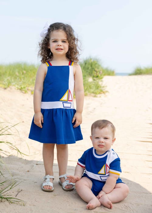 Florence Eiseman Pique Knit Shortall With Sailboat In Blue