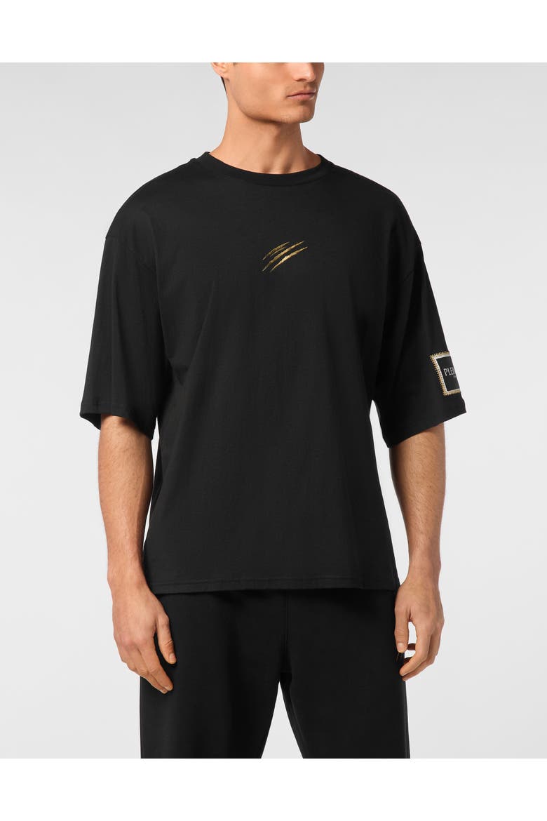 T-Shirt Round Neck Ss Label Men, Main, color, black/lightgold