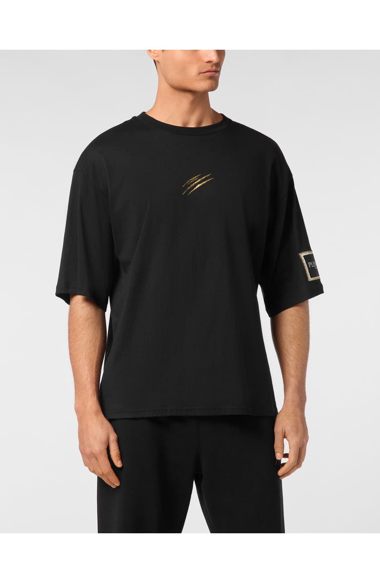 PLEIN SPORT T-Shirt Round Neck Ss Label Men, Main, color, Black/Lightgold