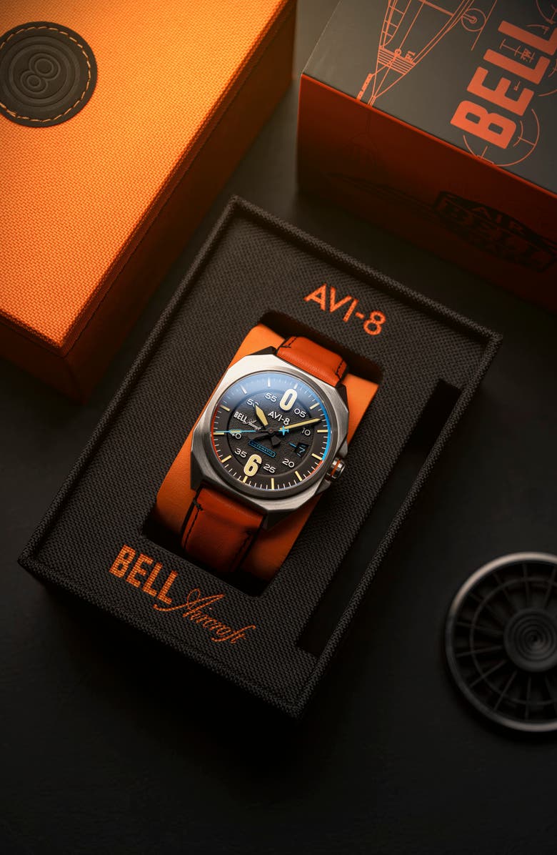 AVI-8 Bell X-1 Machbuster Automatic Leather/Rubber Strap Watch, 41mm, Alternate, color, Black/ Orange