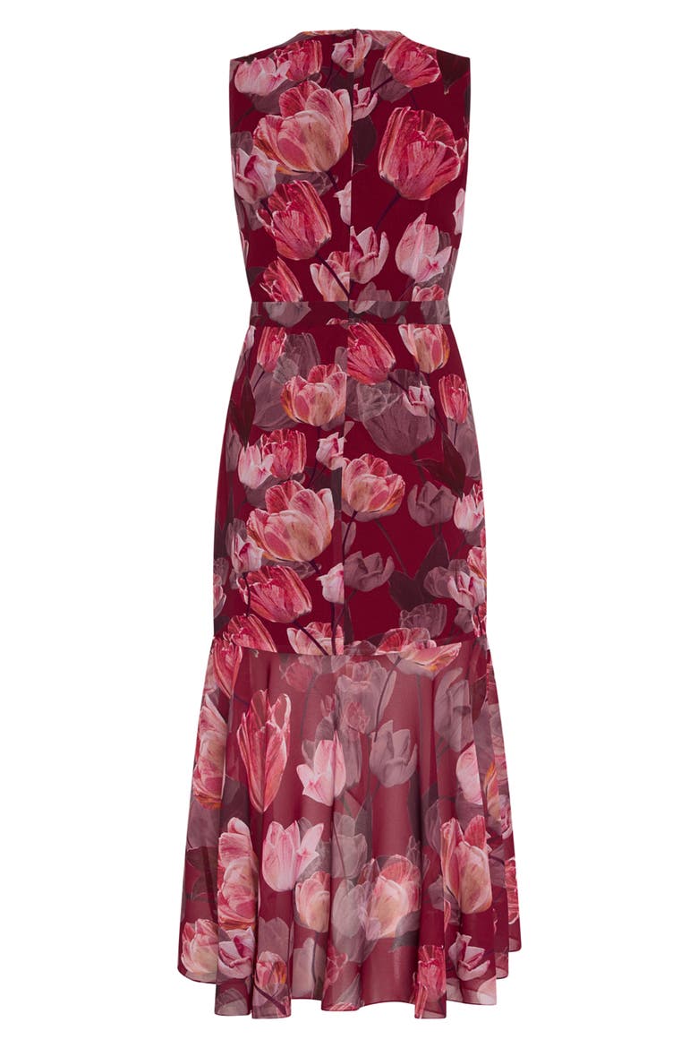 Nanci Floral Print Asymmetrical Ruffle Midi Dress, Alternate, color, RED MULTI