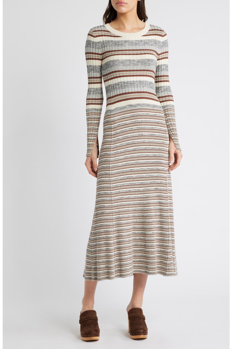 Stripe Long Sleeve Rib Midi Sweater Dress, Main, color, GREY- BROWN VARY STRIPE