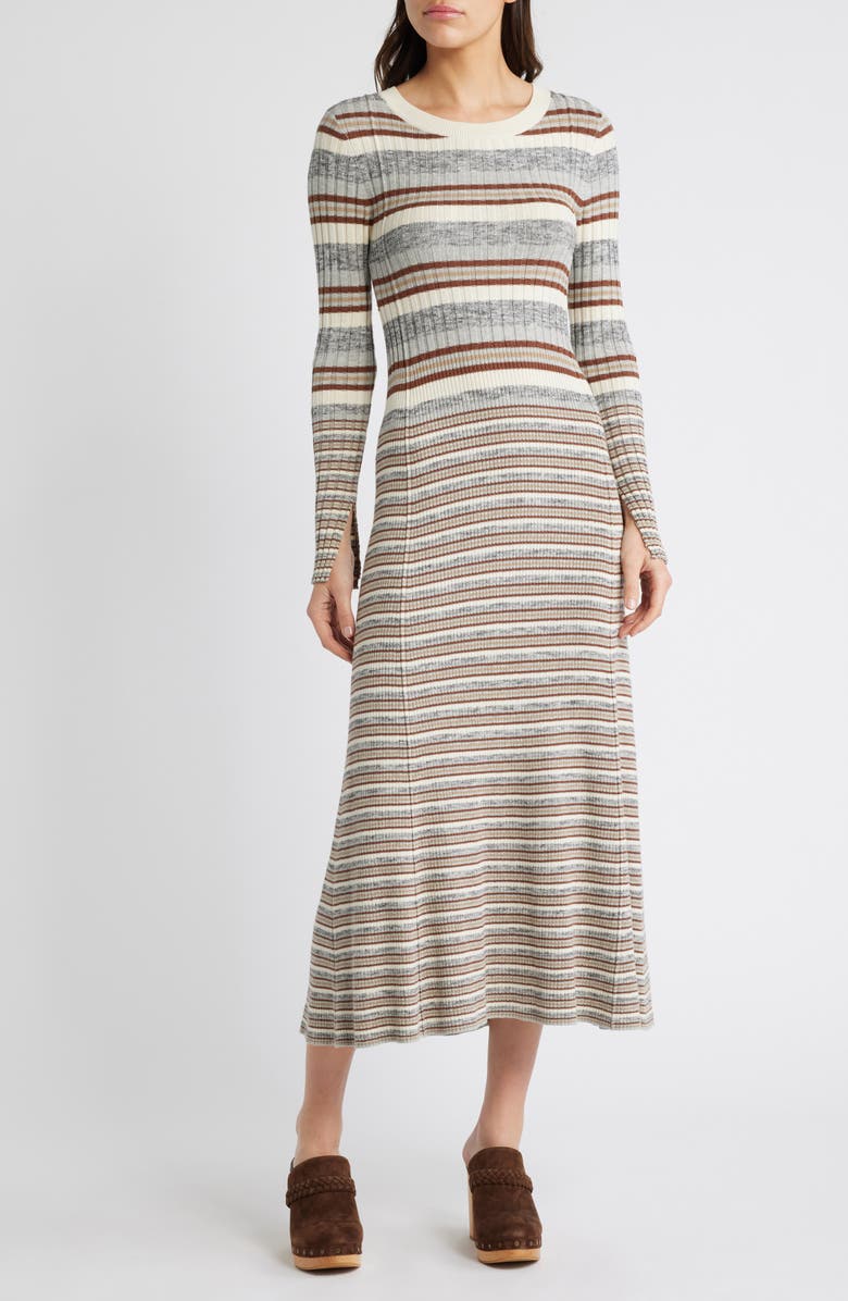 Treasure & Bond Stripe Long Sleeve Rib Midi Sweater Dress, Main, color, Grey- Brown Vary Stripe