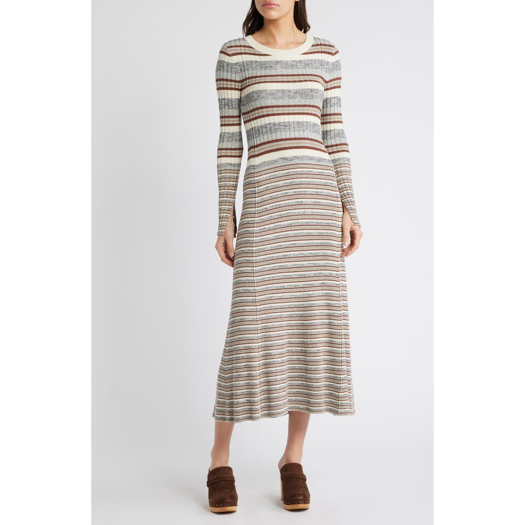 Treasure & Bond Stripe Long Sleeve Rib Midi Sweater Dress In Grey- Brown Vary Stripe