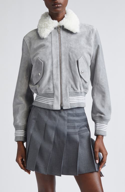 Thom Browne 4-bar Suede Crop Bomber Jacket With Genuine Shearling Collar In Gray