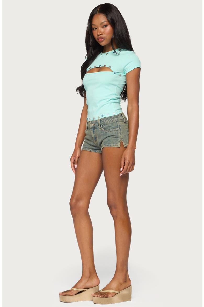 Suda Cutout Iridescent Button Tee, Alternate, color, AQUA