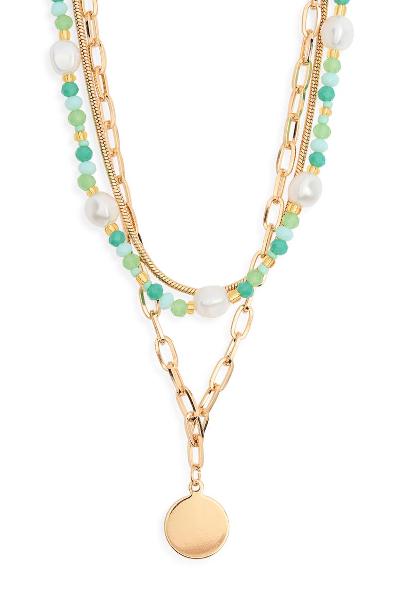 NORDSTROM RACK Bead & Chain Layered Necklace, Main, color, Green Multi- Gold