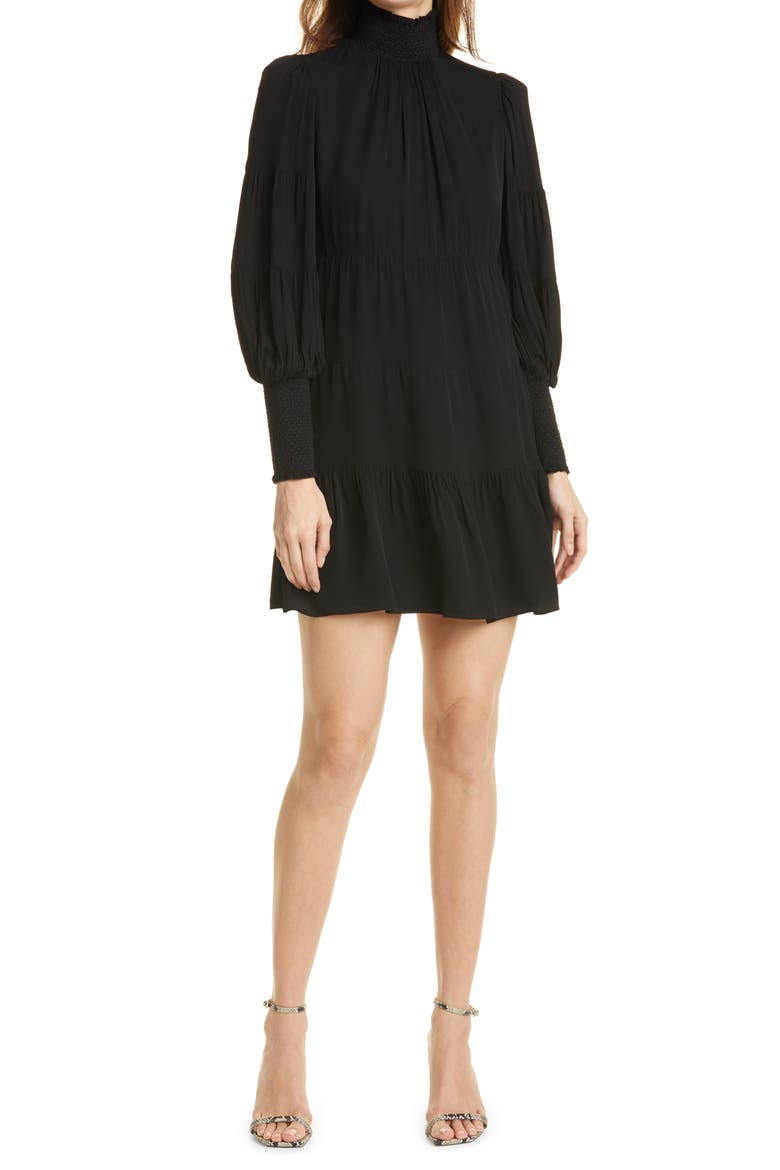 Karena Smock Neck Long Sleeve Babydoll Dress, Main, color, BLACK