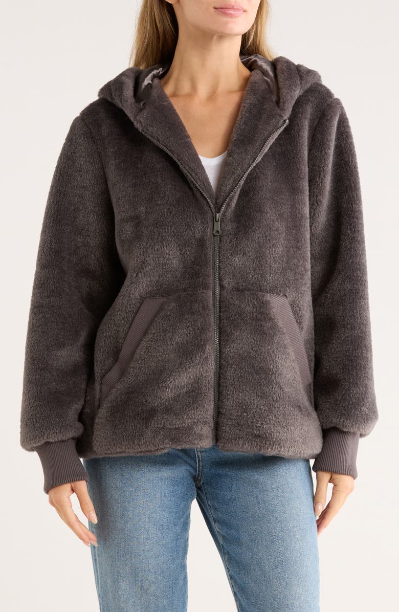 Bernardo Faux Shearling Zip Hoodie, Main, color, Charcoal