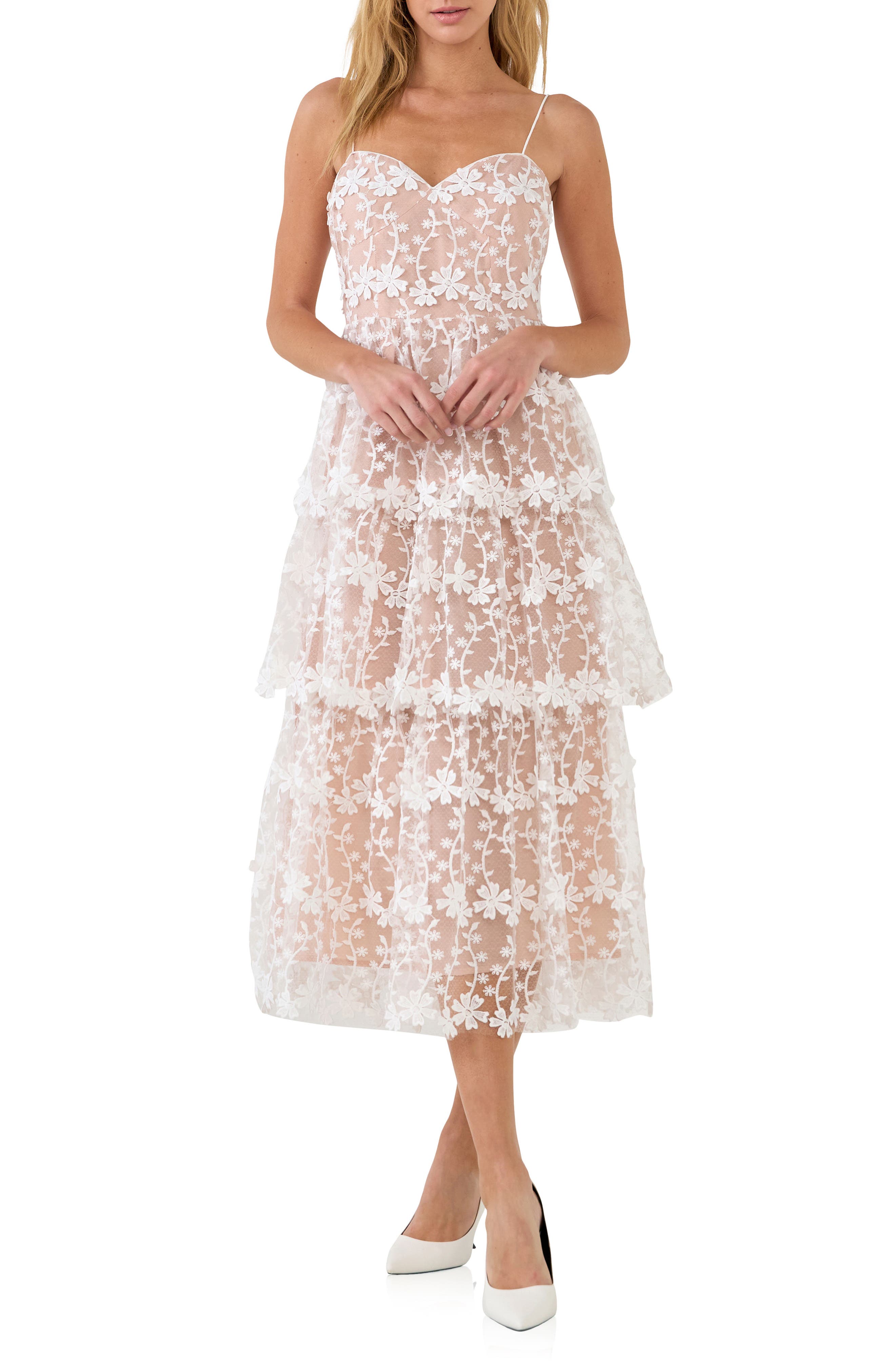 Endless Rose Floral Embroidered Tiered Lace Midi Dress in White 
