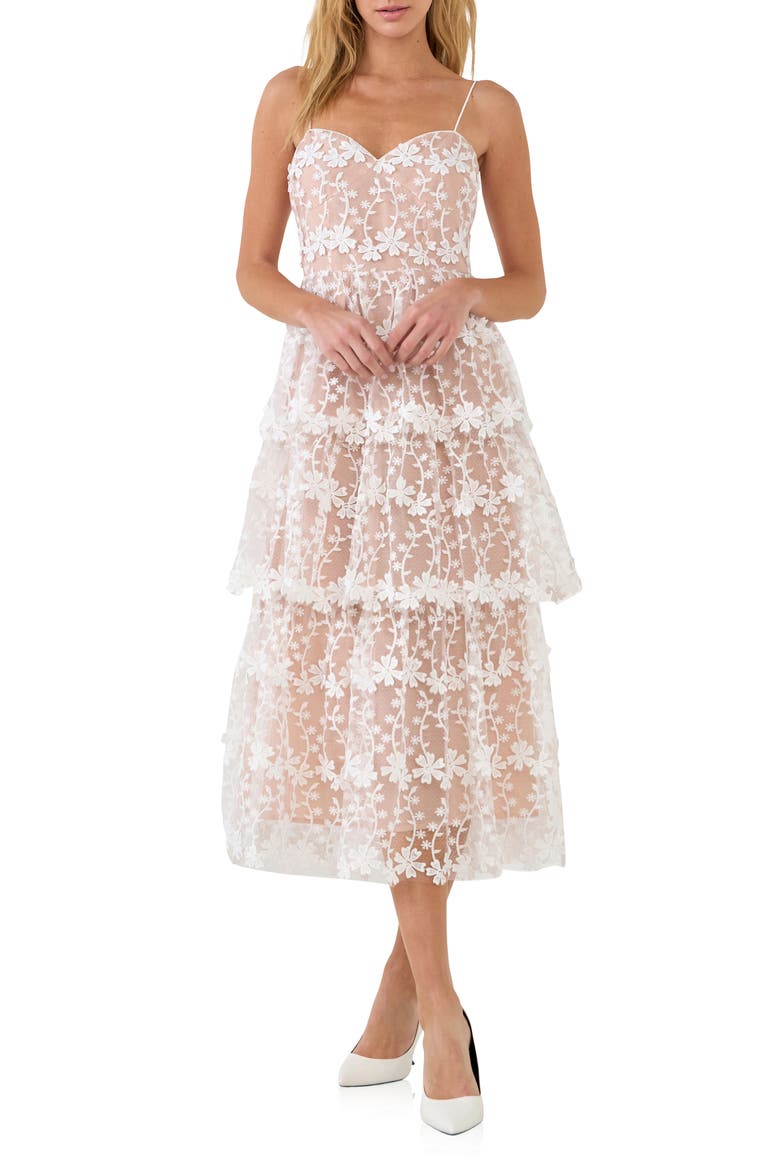 Floral Embroidered Tiered Lace Midi Dress, Main, color, WHITE