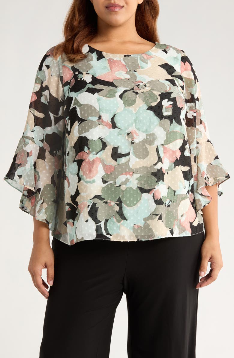 KASPER Clip Dot Ruffle Sleeve Top, Main, color, 