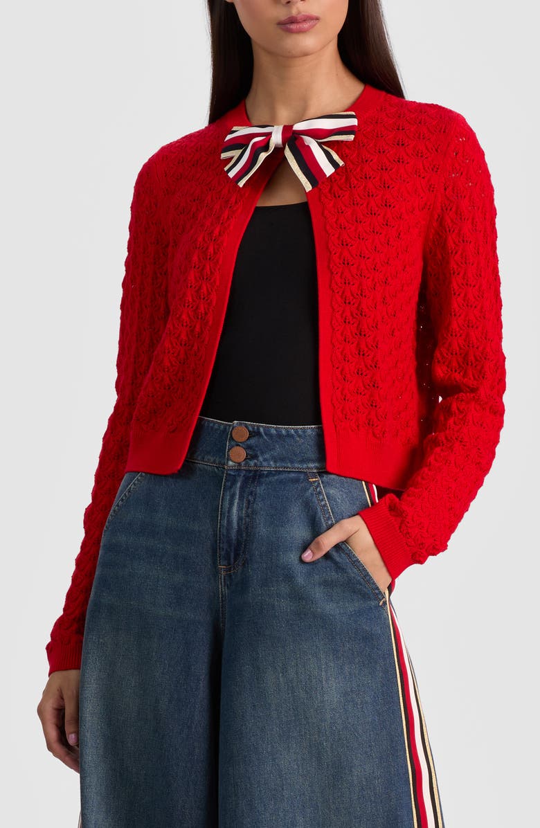 Alice + Olivia Dollie Pointelle Wool Blend Bow Accent Cardigan, Alternate, color, Perfect Ruby