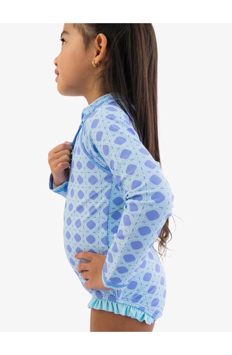 RuffleButts Girls UPF50+ Sun Protection Long Sleeve Rash Guard One Piece, Alternate, color, Periwinkle Blue Coastal Cane