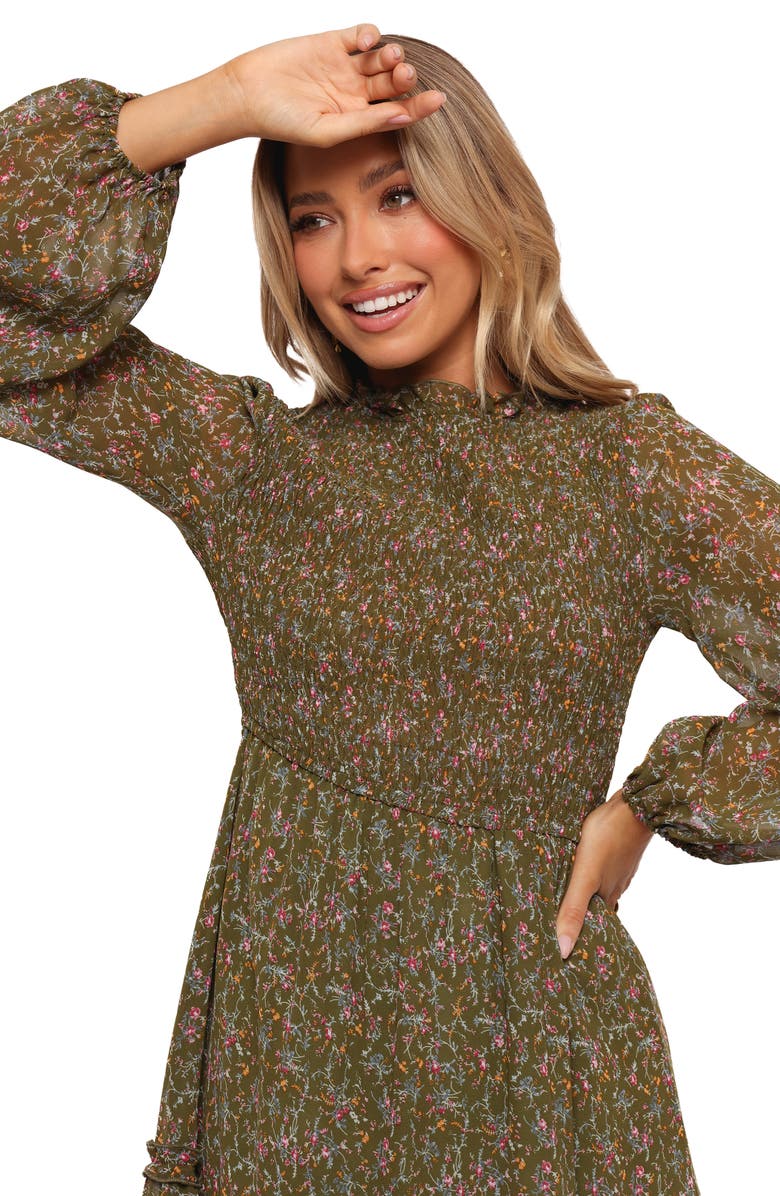Petal & Pup Edwina Floral Long Sleeve Tiered Midi Dress, Alternate, color, Olive Floral