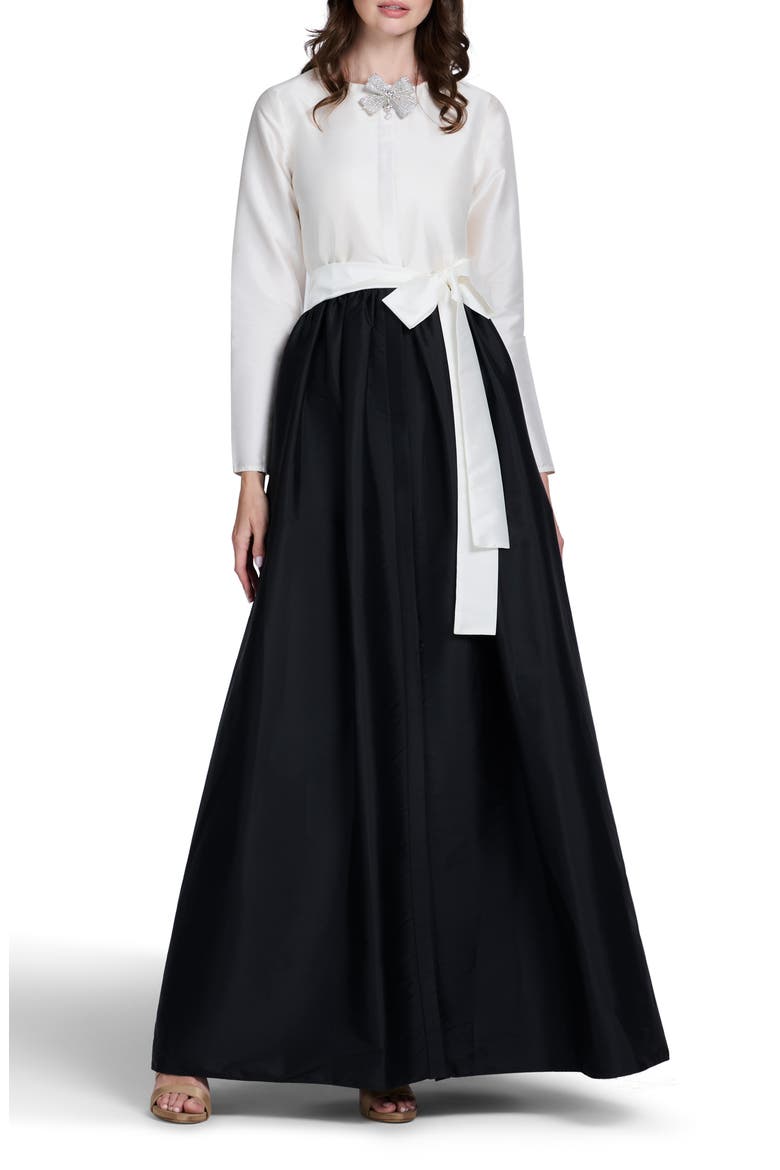Princess Long Sleeve Taffeta Gown, Main, color, IVORY/ BLACK
