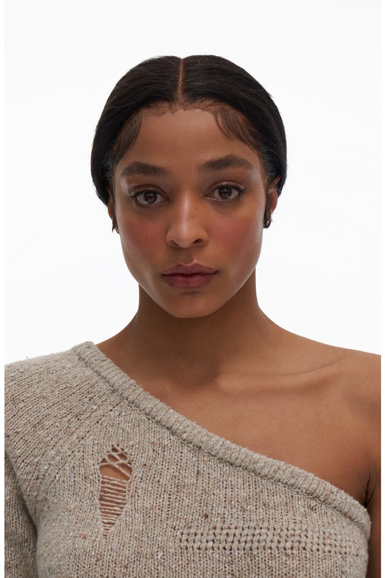 Distressed One-Shoulder Sweater, Alternate, color, SANDSTORM